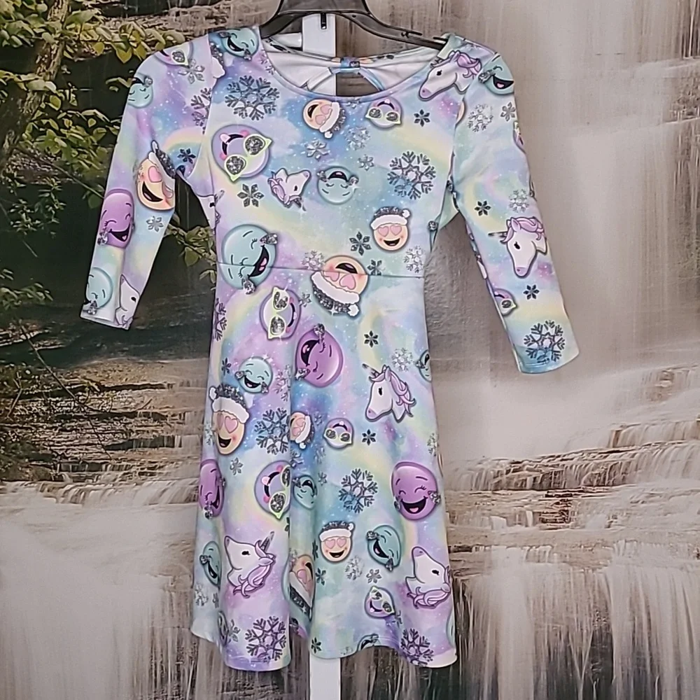 Justice Girls 10 winter theme emoji unicorn neon rainbow long sleeve dress